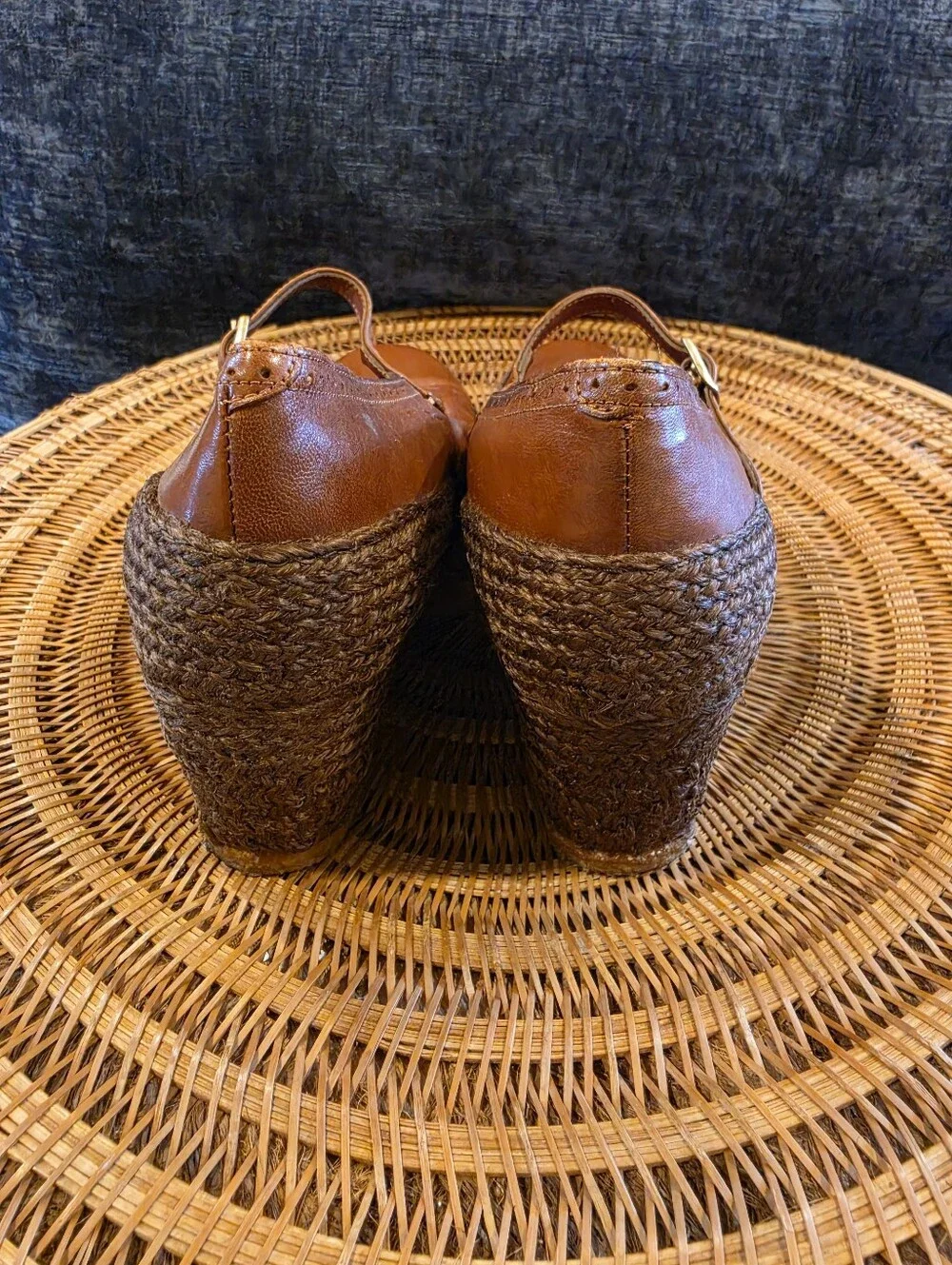 Vintage 1970's Sophisticates Raffia/Leather Mary Jane Wedge Coquette Girl